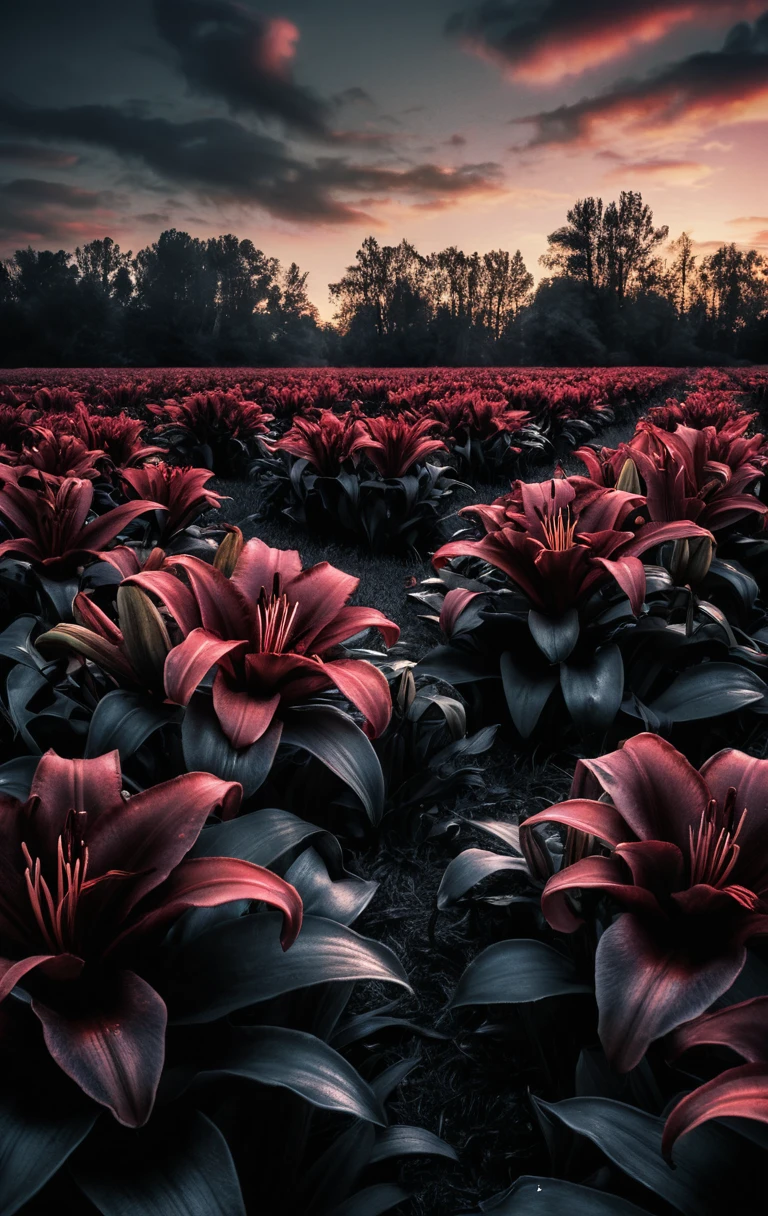 Field Of Lilies In Dark Twilight With Limited Palette