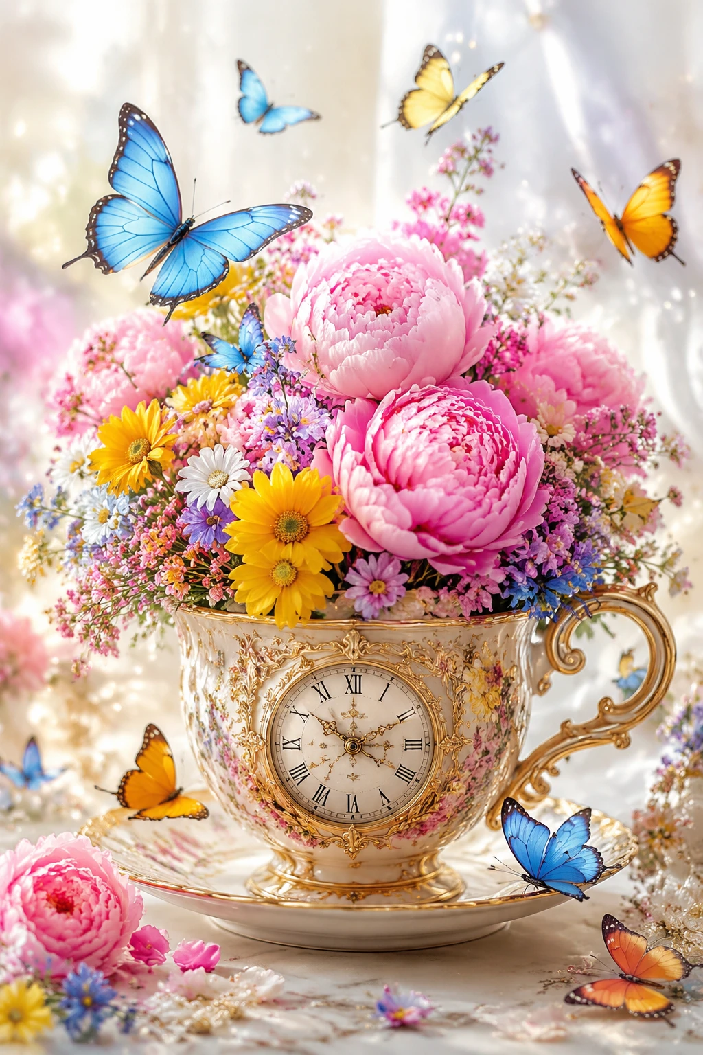 Ramo en taza de té antigua con mariposas a la luz suave