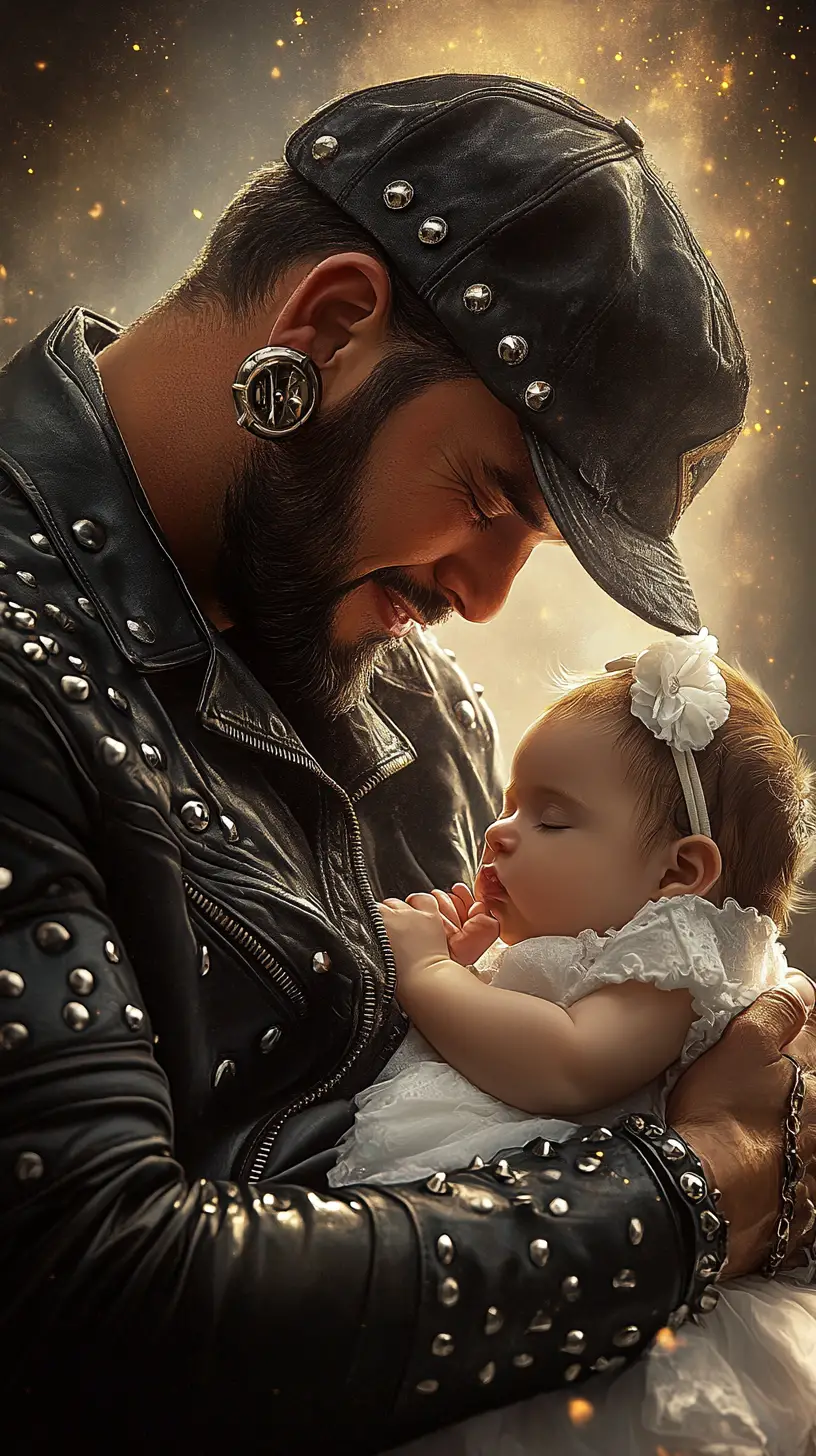 Rockstar father cradling his newborn daughter at golden hour