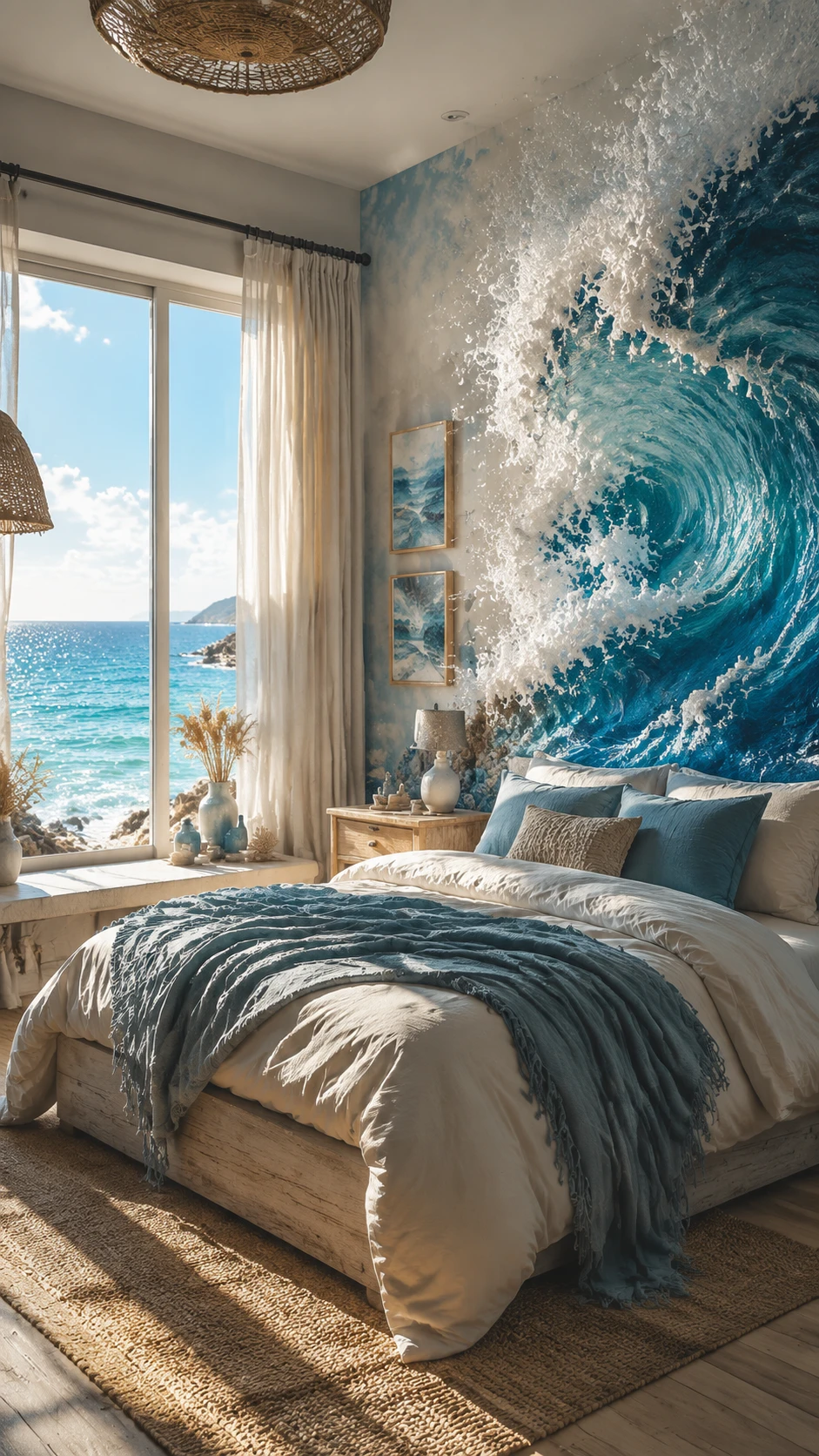 Cozy sunlit bedroom with wide view of turquoise sea