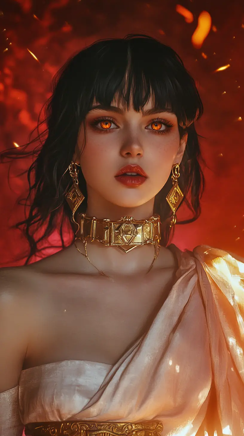 Commanding anime woman in gold jewelry with fiery glow