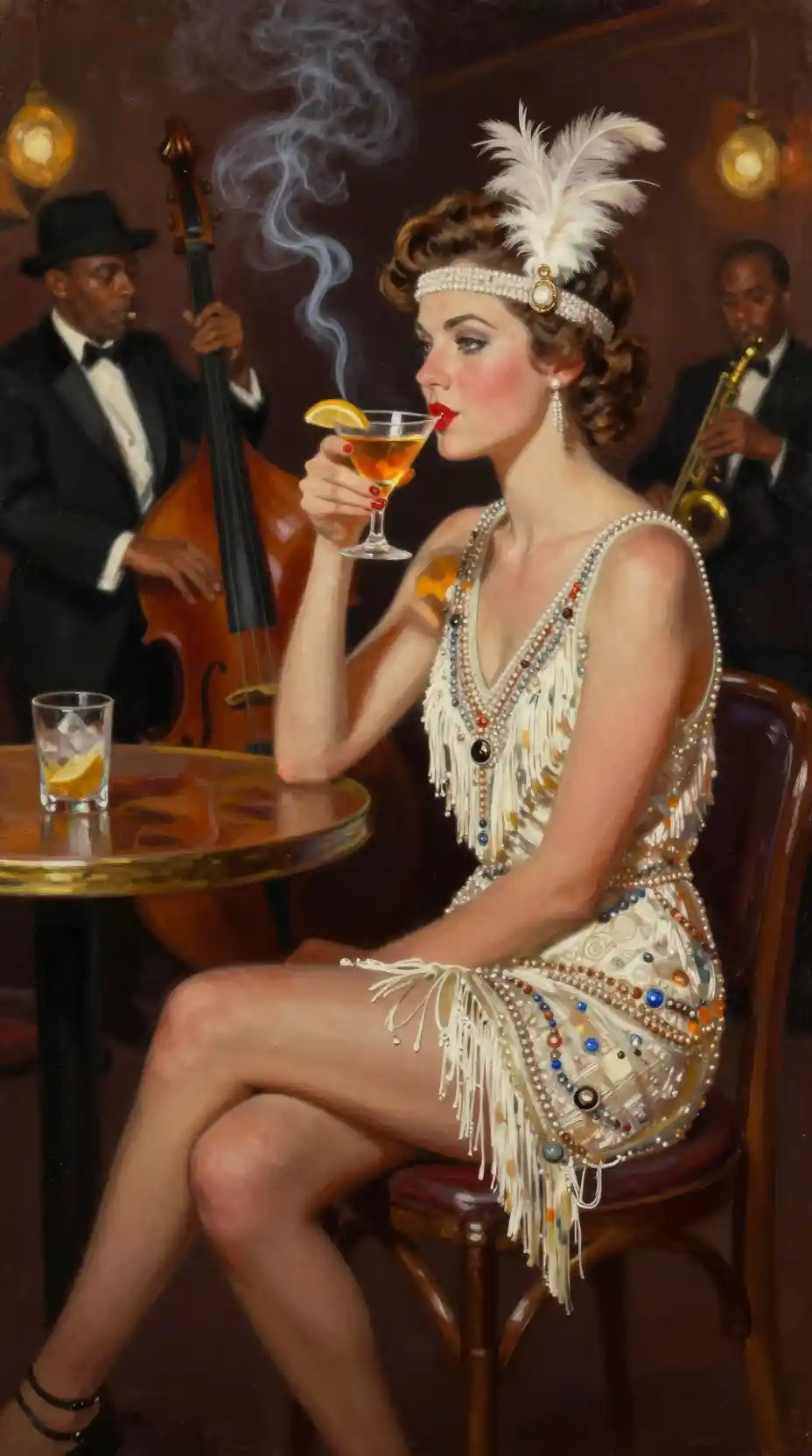 Vintage flapper woman in jazz club with cocktail