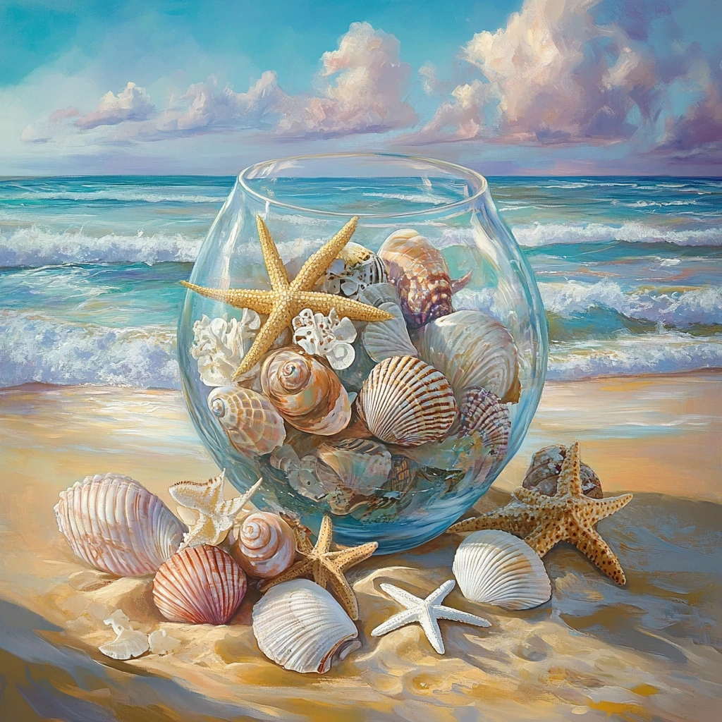 Glass vase of seashells on golden sand by turquoise sea