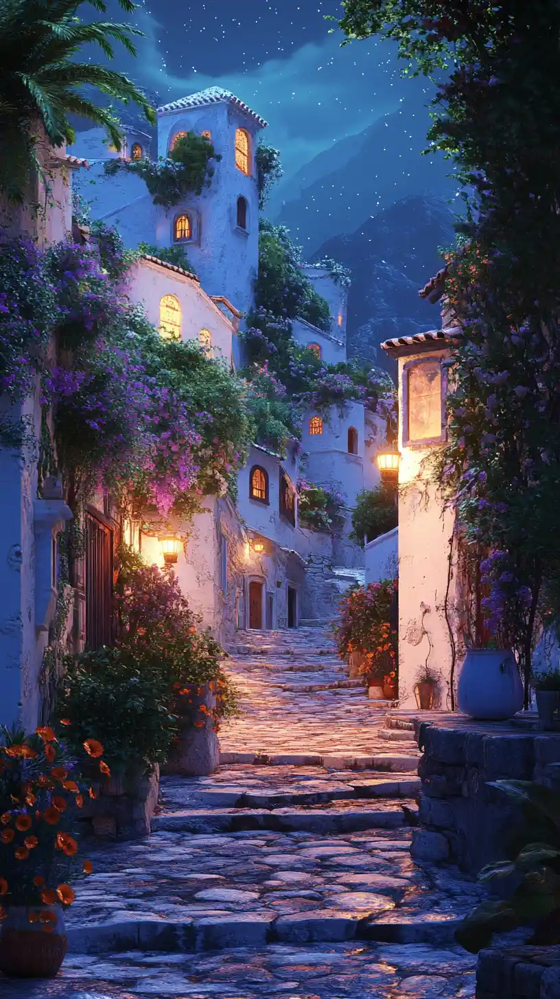 Magical mediterranean hill village glowing under a starry night