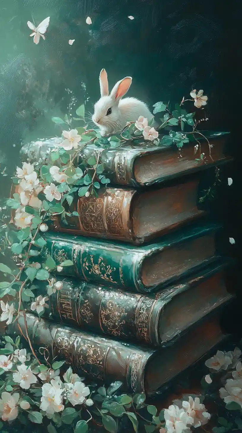 Enchanted Spellbooks With Rabbit Familiar In Soft Morning Light