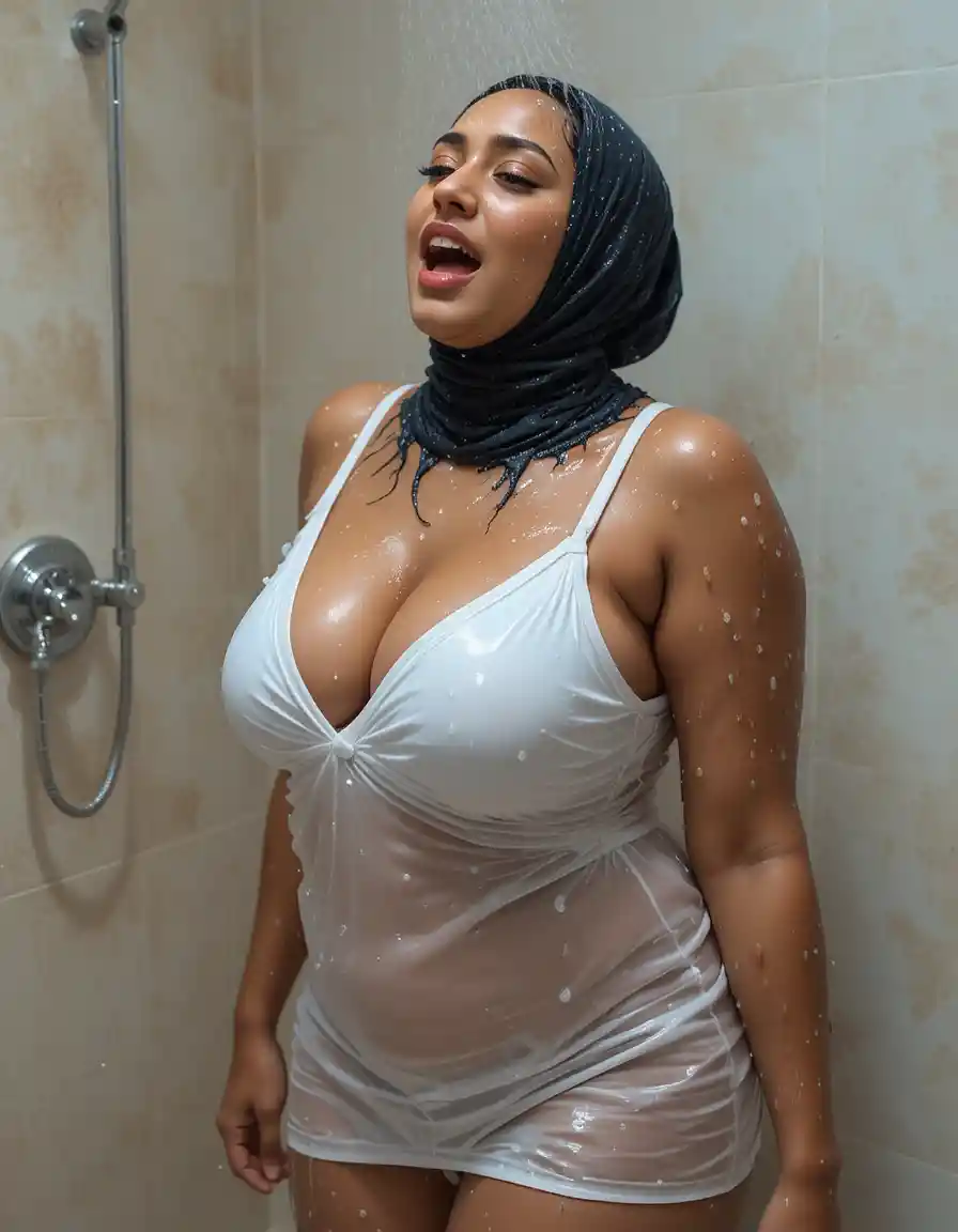 South Asian woman showering in a sheer white dress