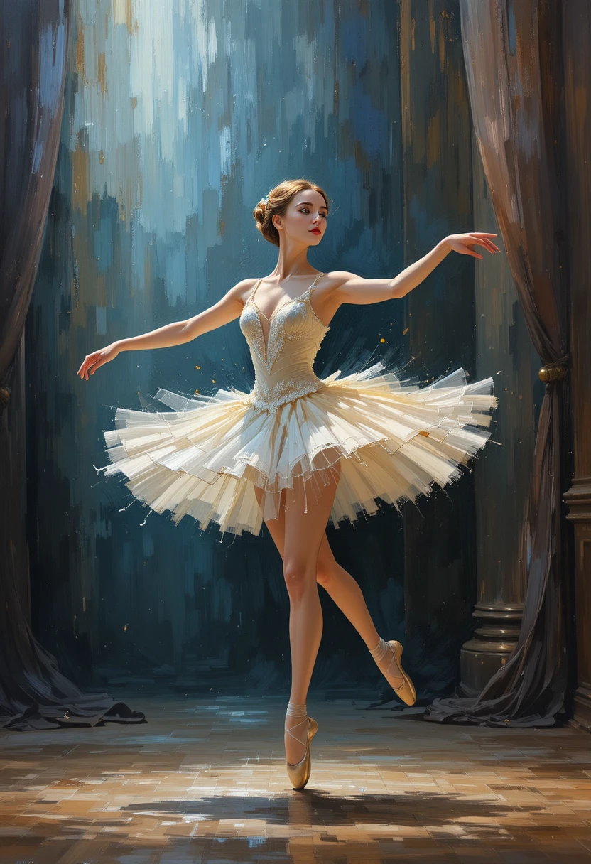 Graceful ballerina performing arabesques on a quiet stage