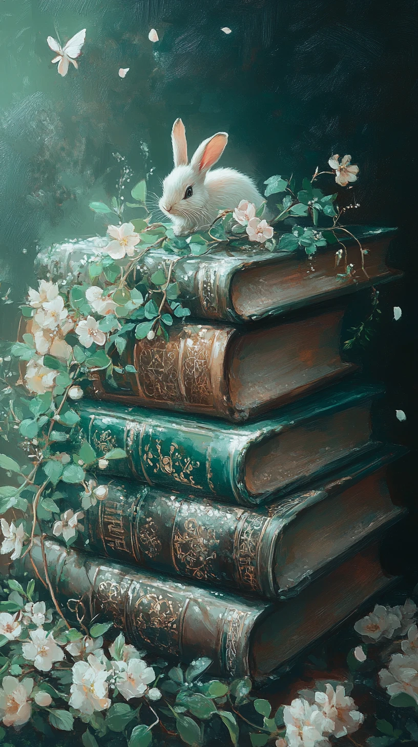 Libros de Hechizos Encantados con Conejo Familiar a la Suave Luz de la Mañana