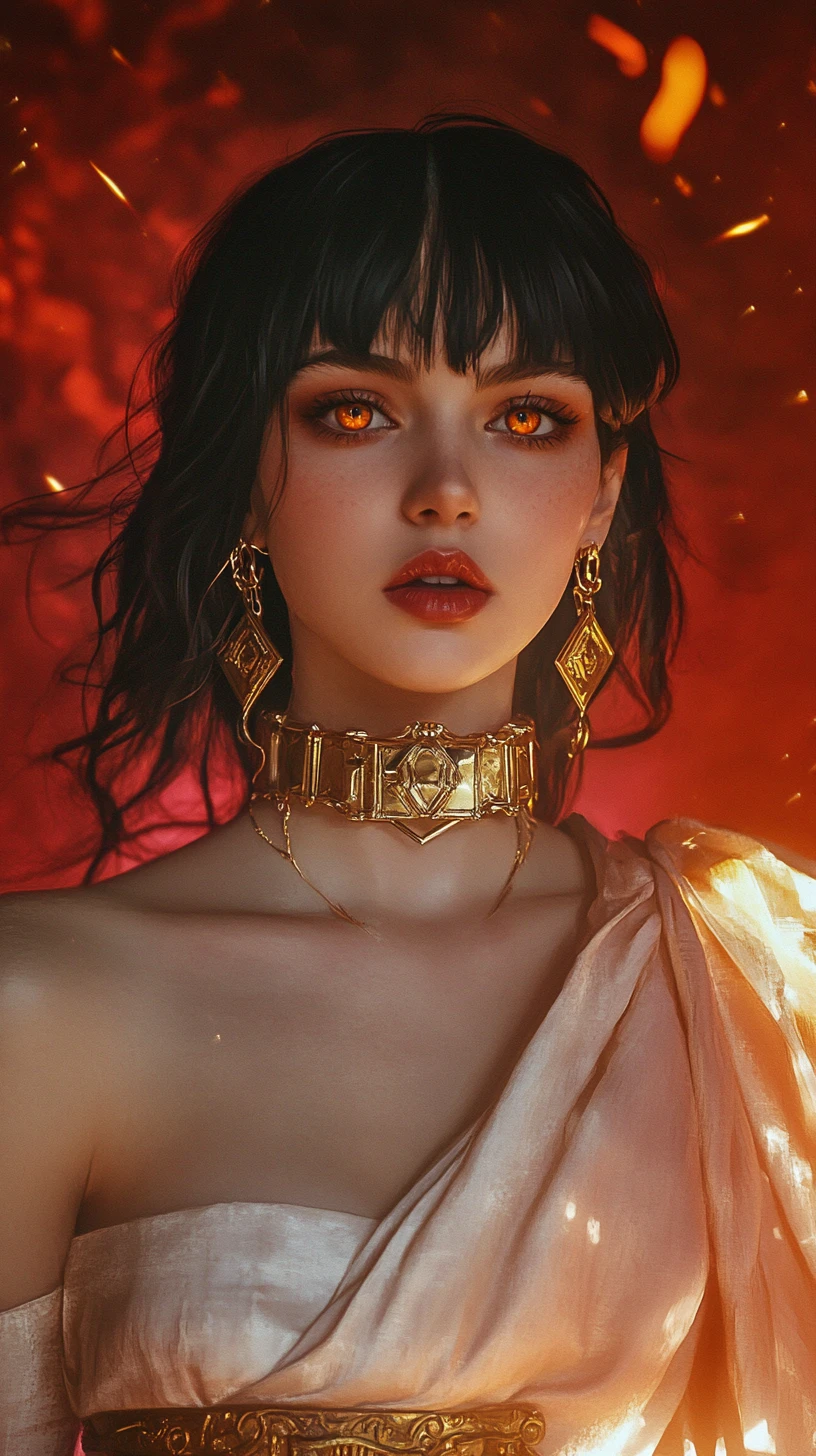 Mujer de anime imponente con joyas doradas y resplandor llameante