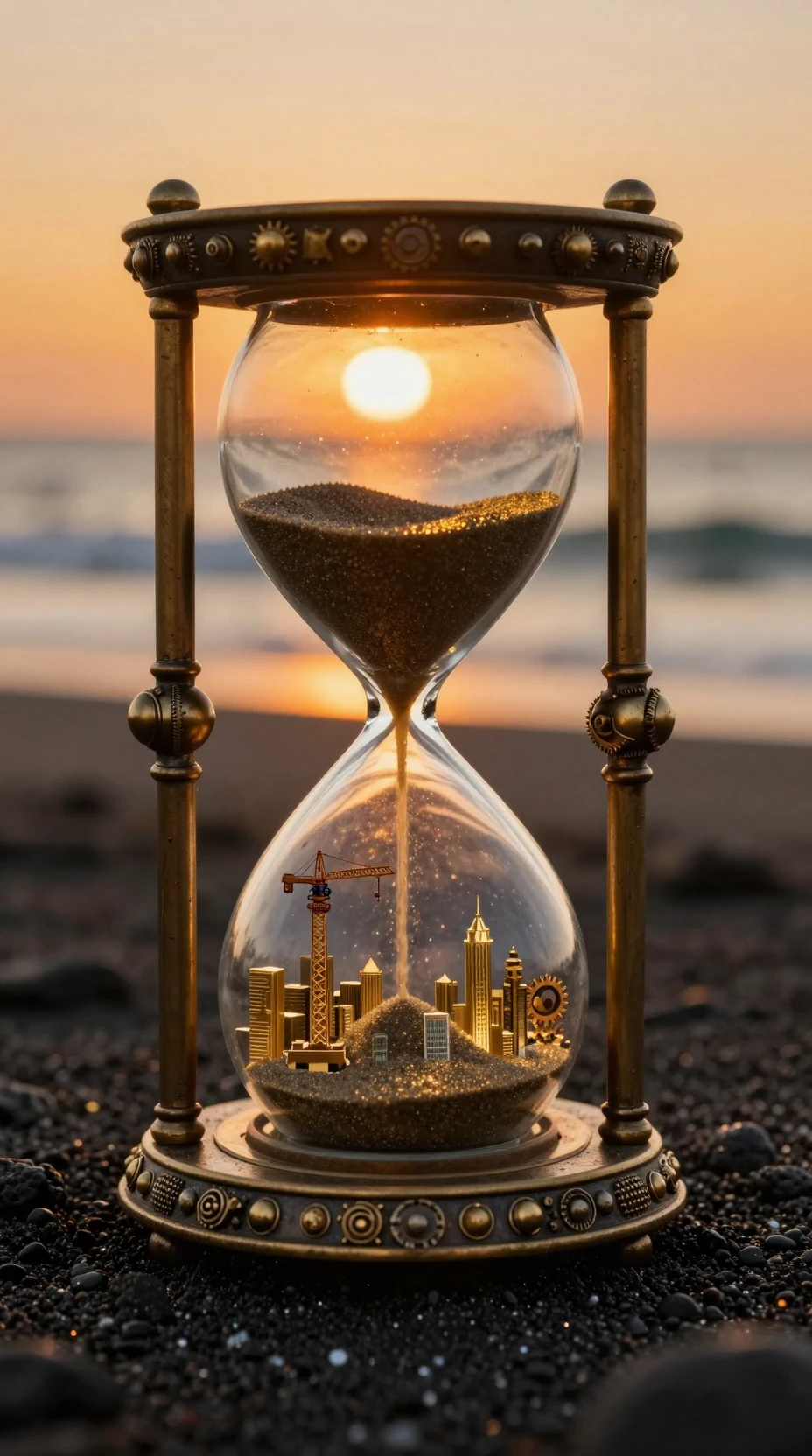 Steampunk hourglass on black sand with glowing golden city