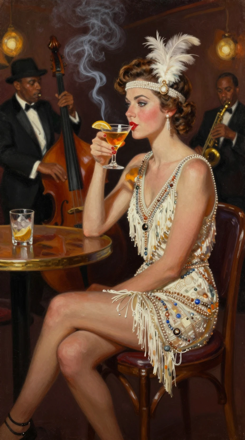 Vintage flapper woman in jazz club with cocktail