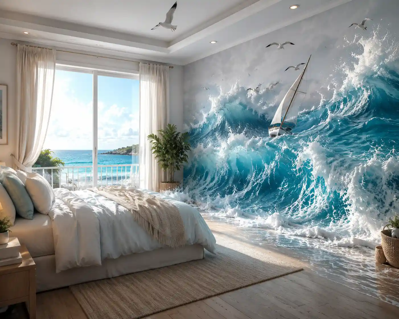 Bright summer bedroom with sea view and wave wall