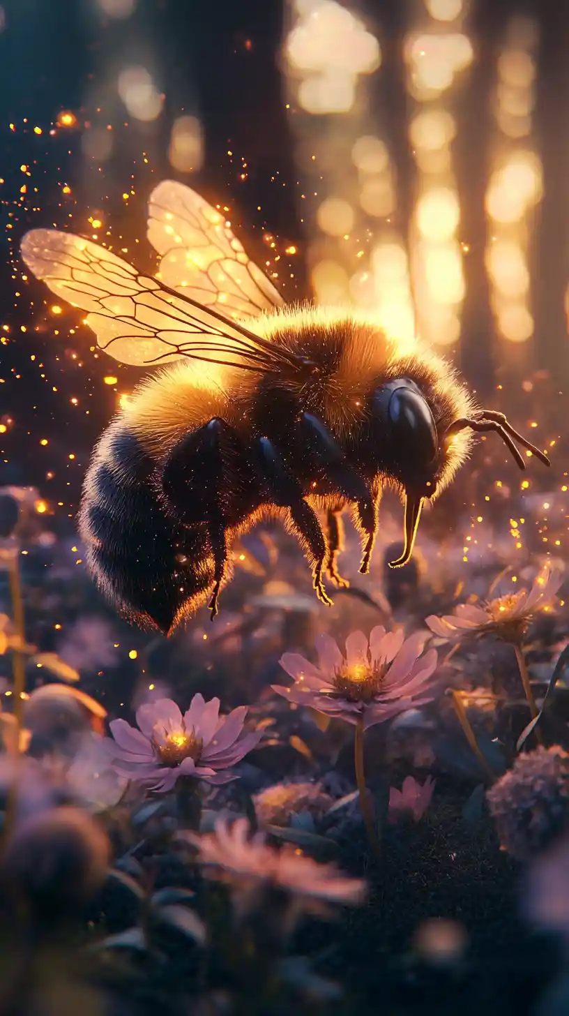 Abejorro esponjoso que brilla con polen entre flores encantadas