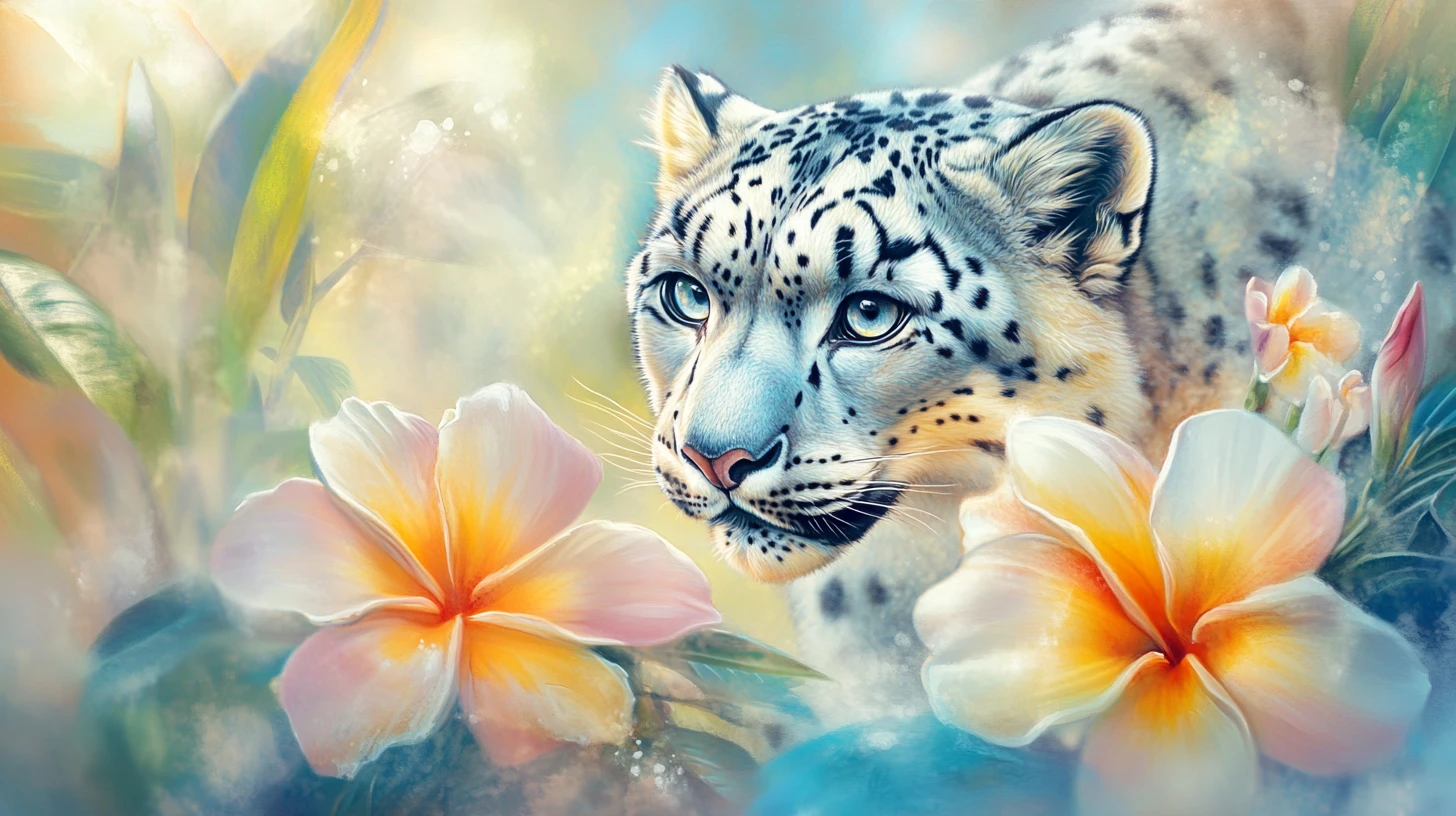 Leopardo delle nevi che emerge da un fiore di plumeria surreale