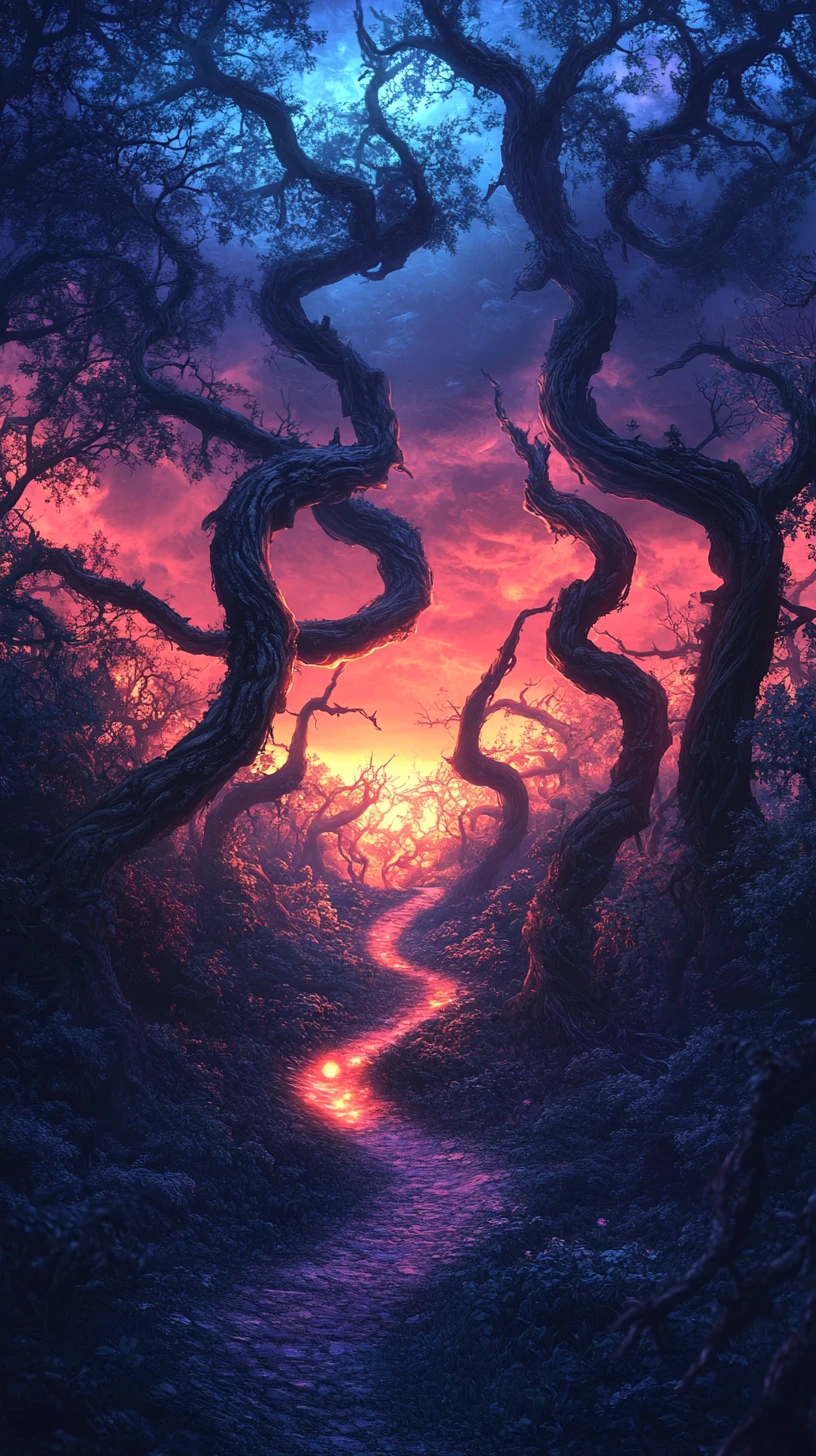Surreal mystical forest path under a dark crimson sky