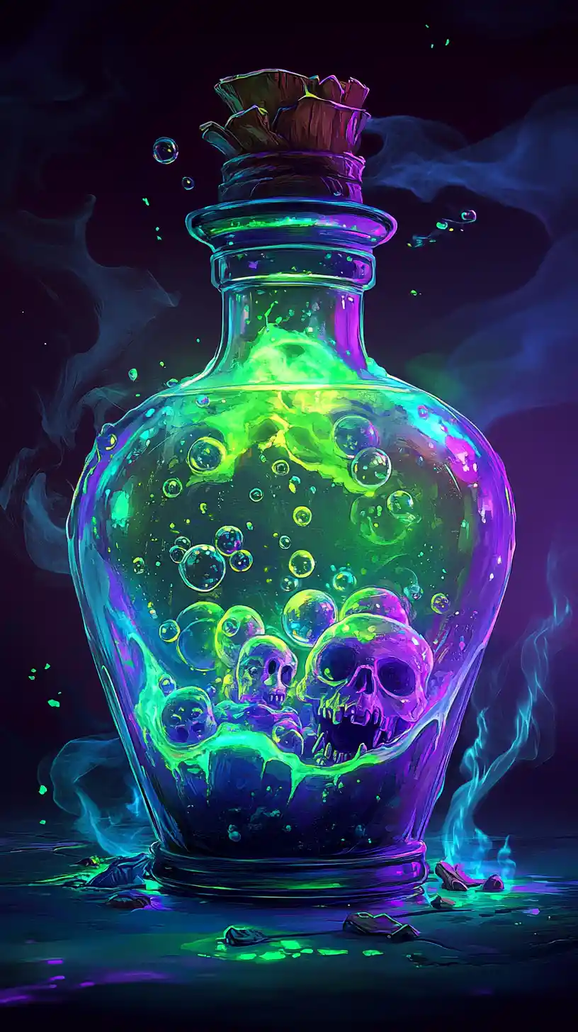 Glowing Slime Creature Trapped In Cracked Potion Bottle