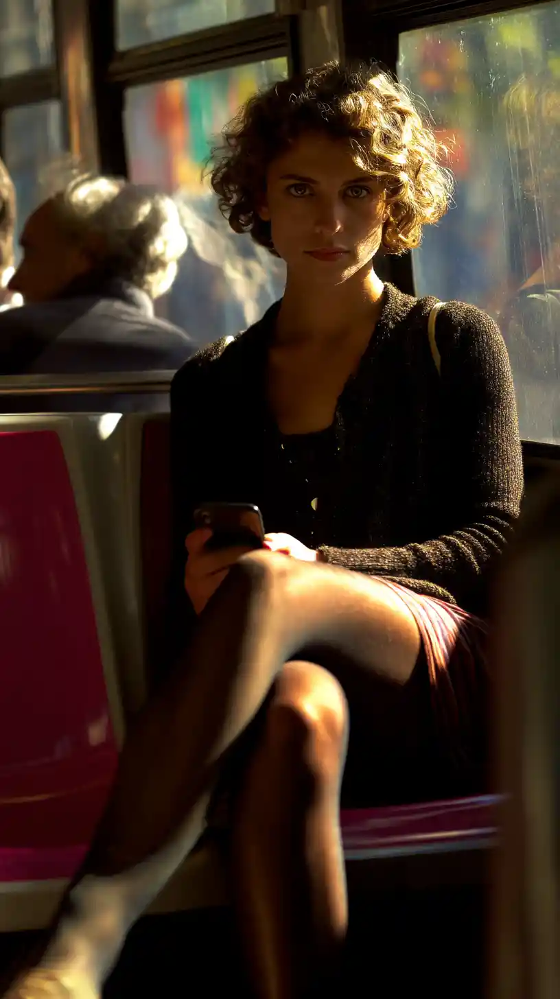 Woman on a morning bus using her smartphone in sunlight
