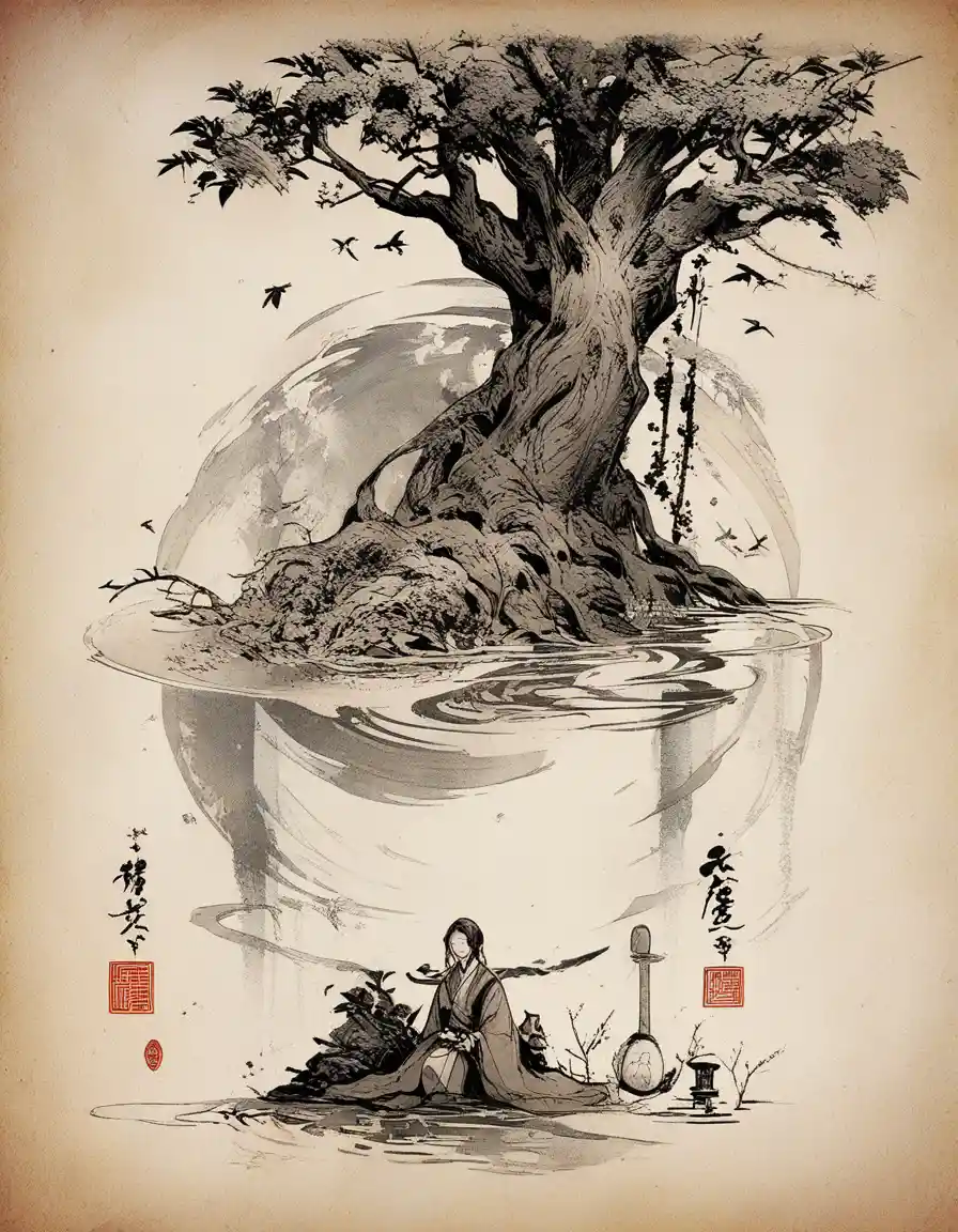 Wounded samurai resting under a willow tree with a robin