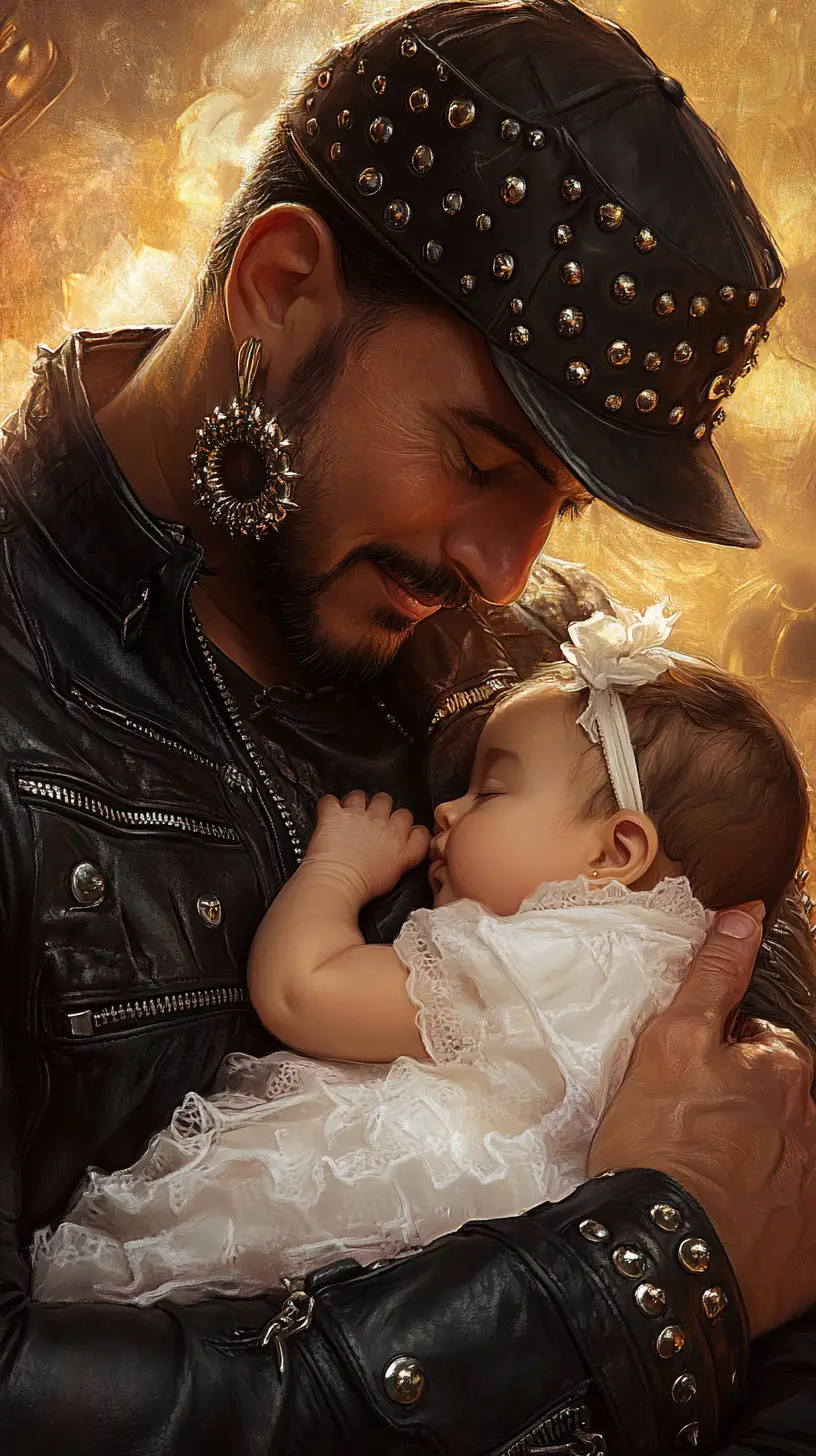 Rockstar father cradling his newborn daughter at golden hour