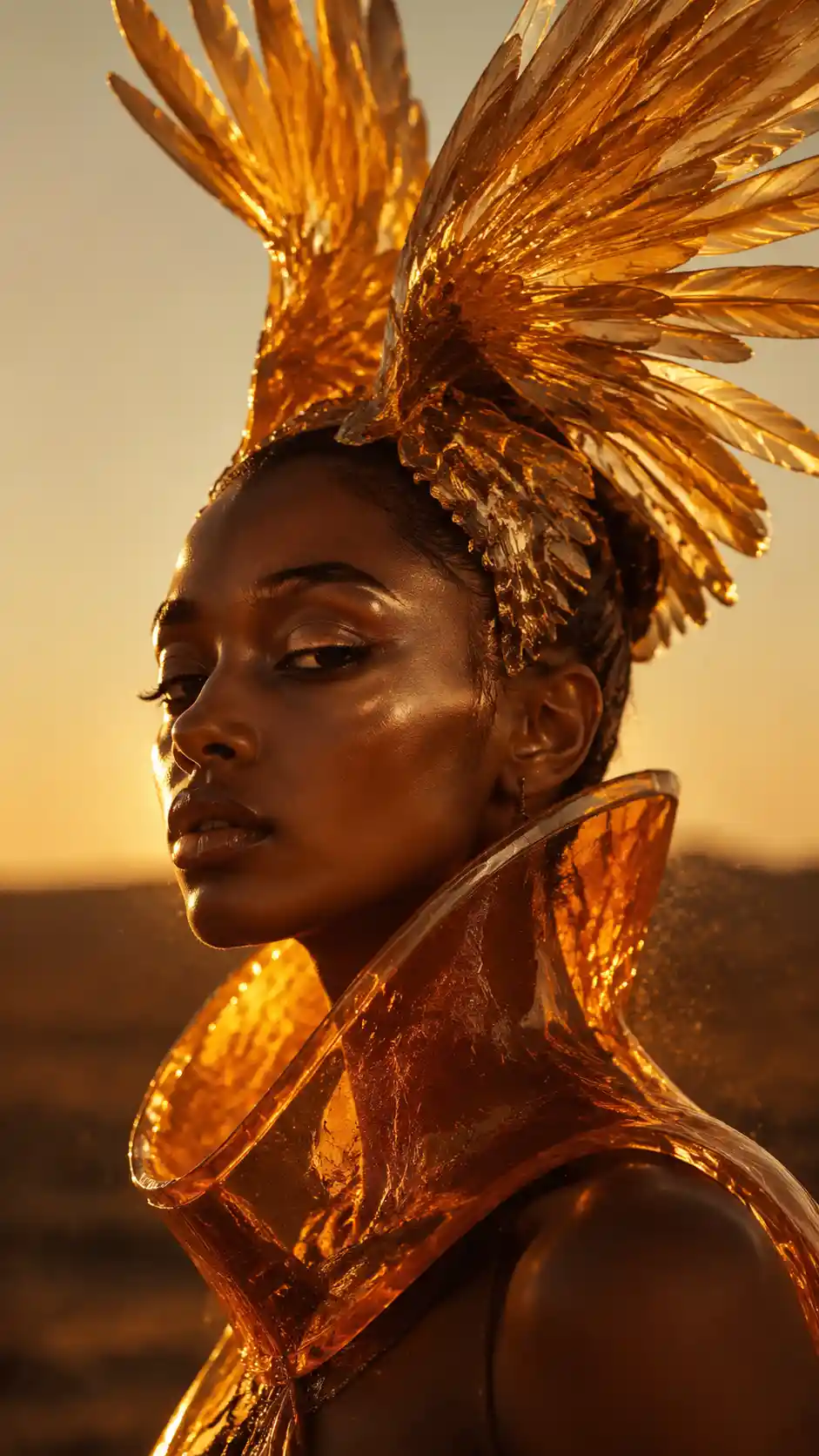 Surreal woman with golden winged hair in desert sunset