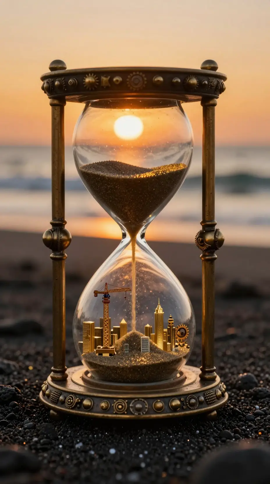 Steampunk hourglass on black sand with glowing golden city