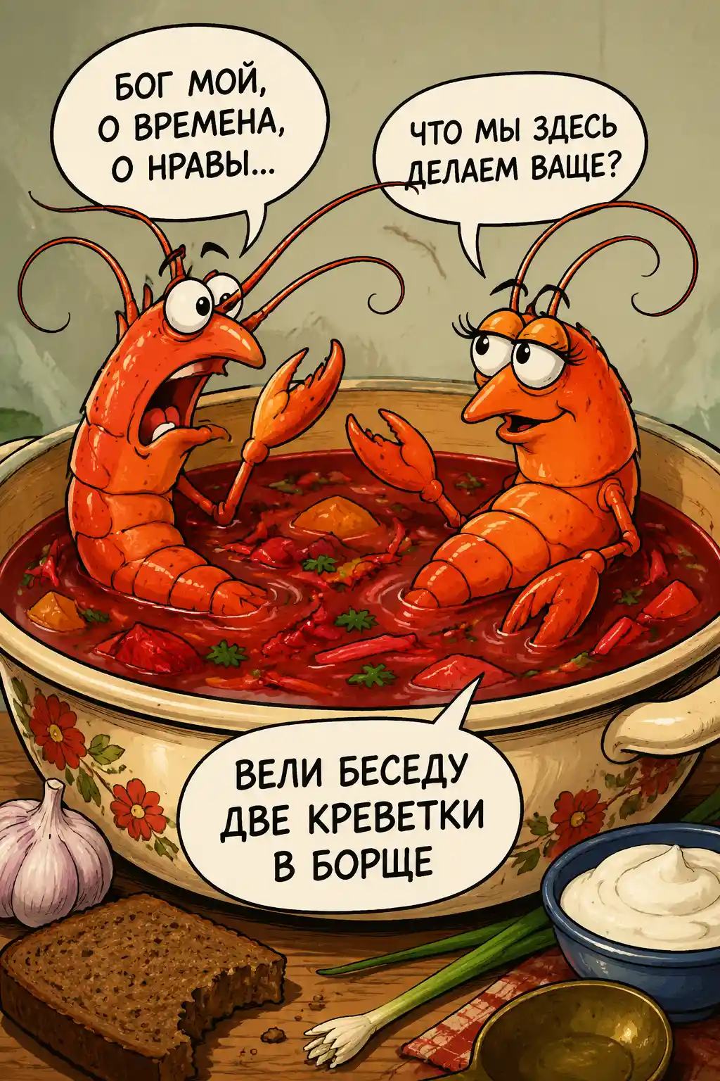 Two cartoon shrimps chatting together inside a bowl of soup