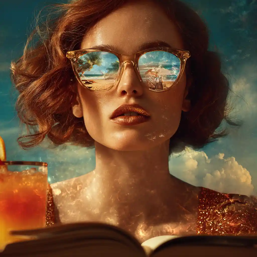 Woman with beach reflections sipping cocktail at table