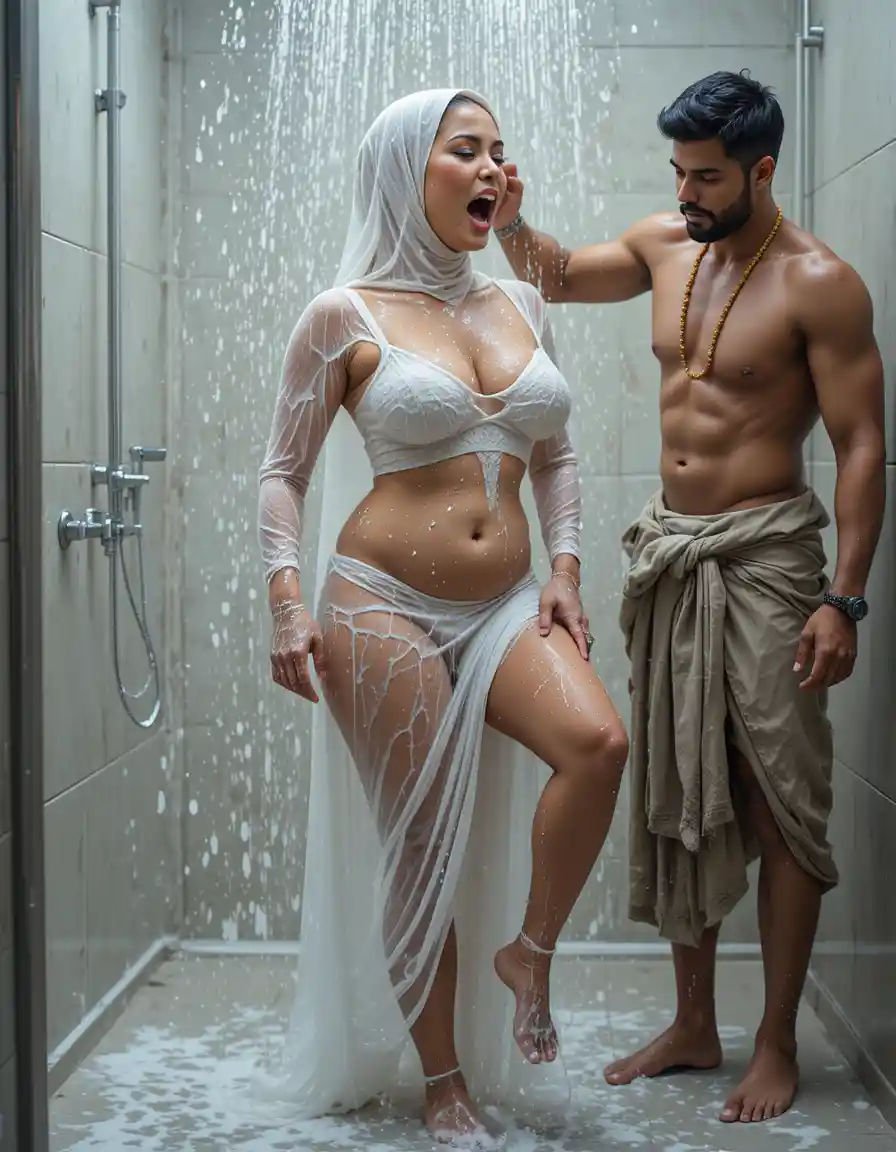 South Asian woman showering in sheer white dress