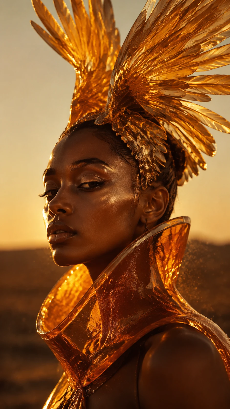 Surreal woman with golden winged hair in desert sunset