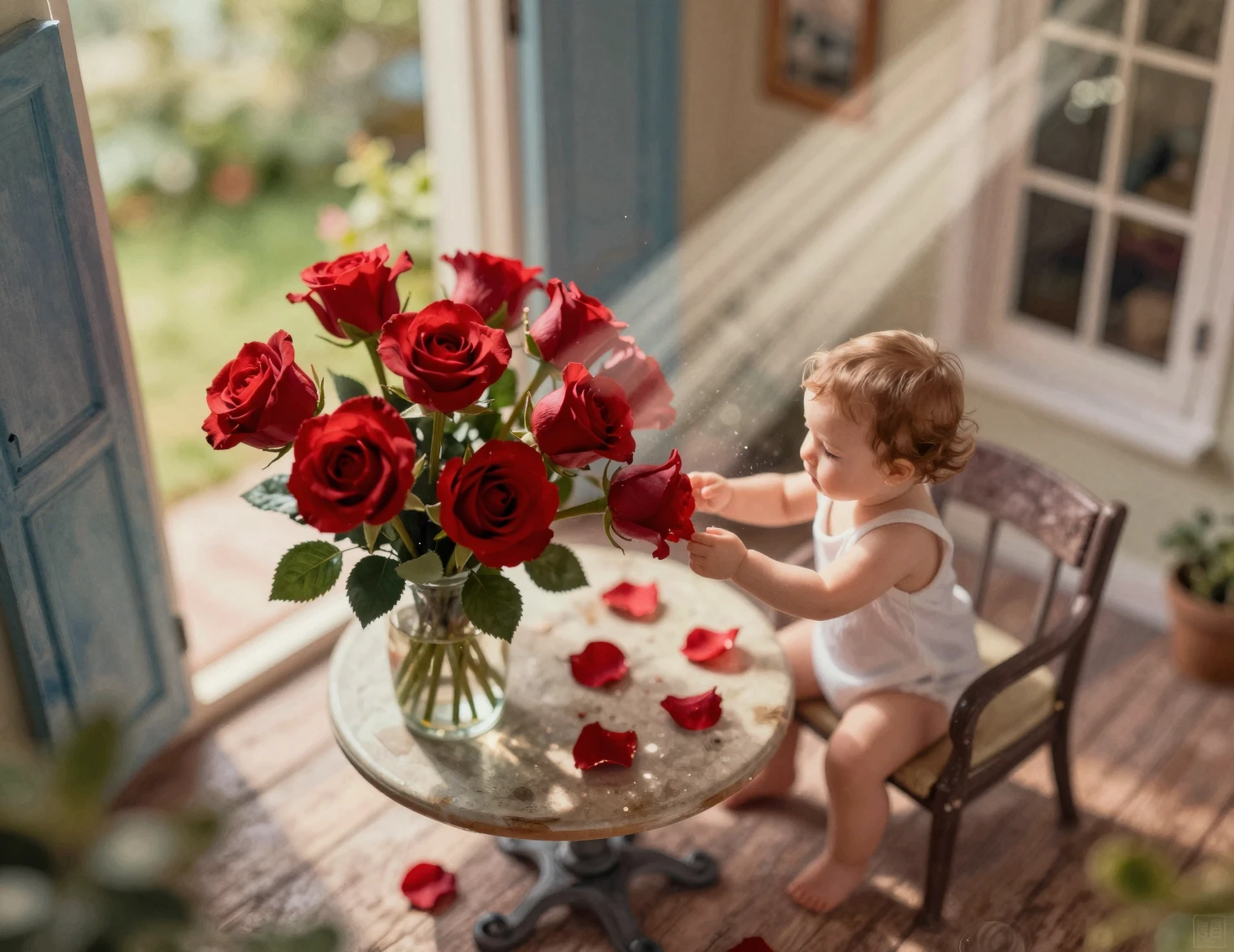 Baby girl touching red roses in soft cinematic light