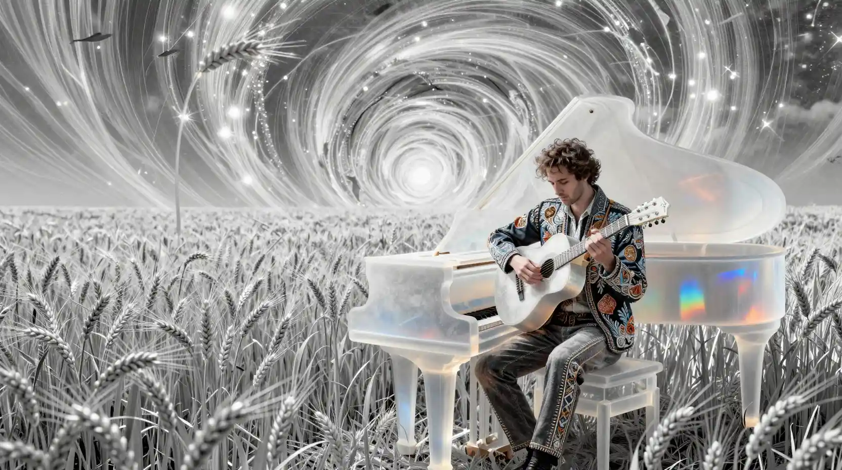 Hombre tocando un piano de cola de obsidiana en un campo de trigo plateado