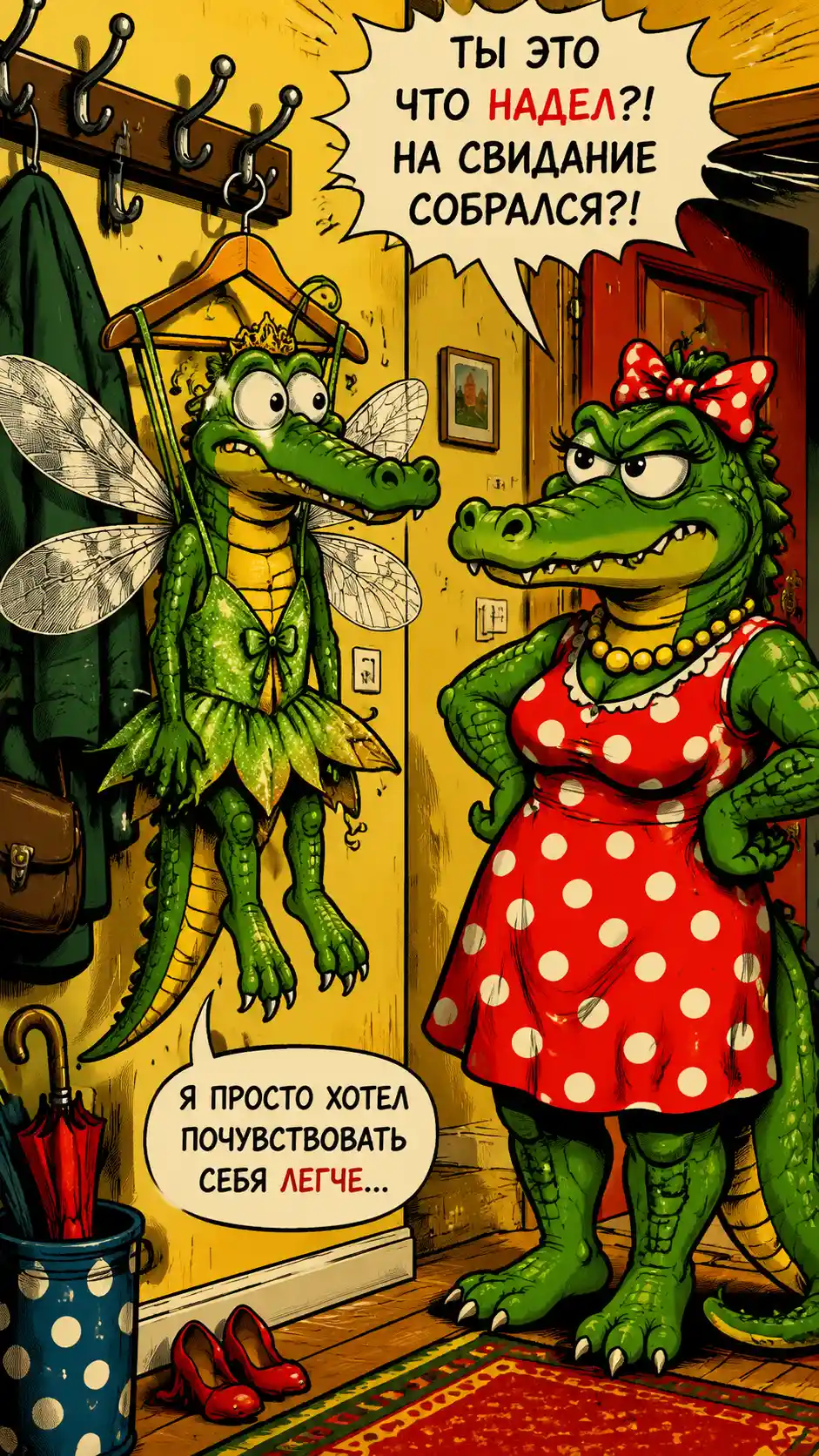 Anthropomorphic crocodile fairy character in a bright hallway