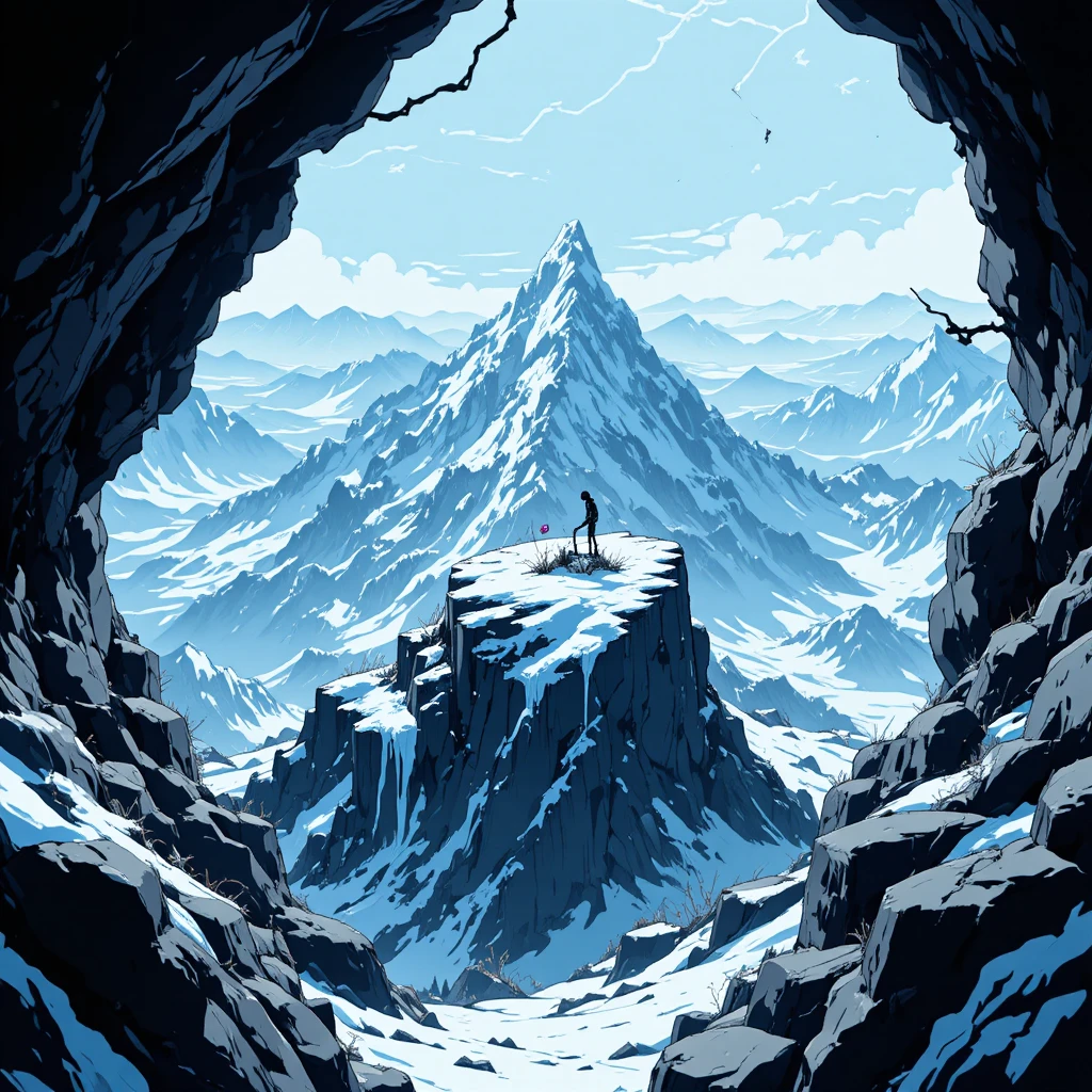 Small skeleton frozen among towering mountain rocks