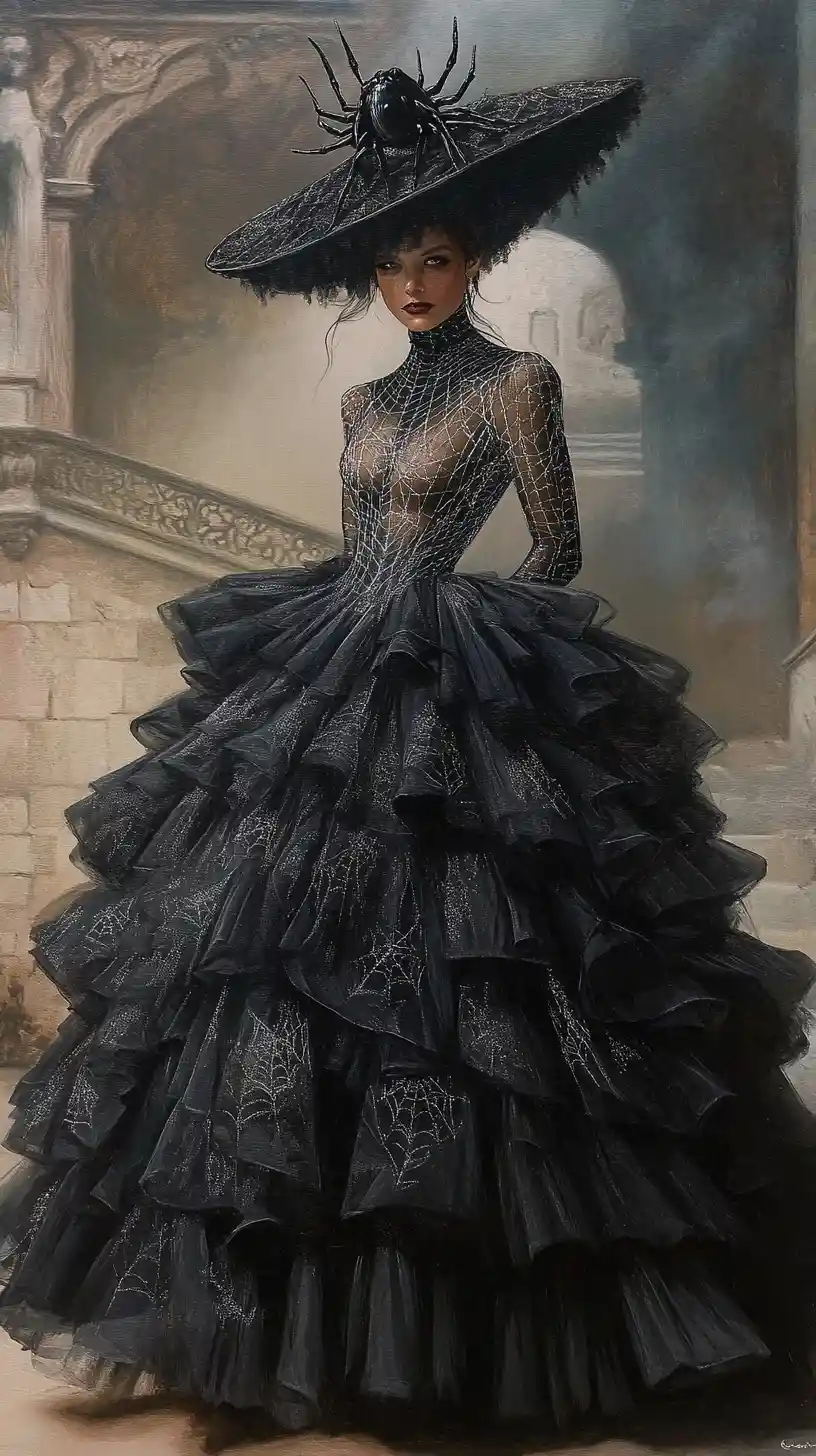 Woman in spiderweb gown standing in a dark castle hall