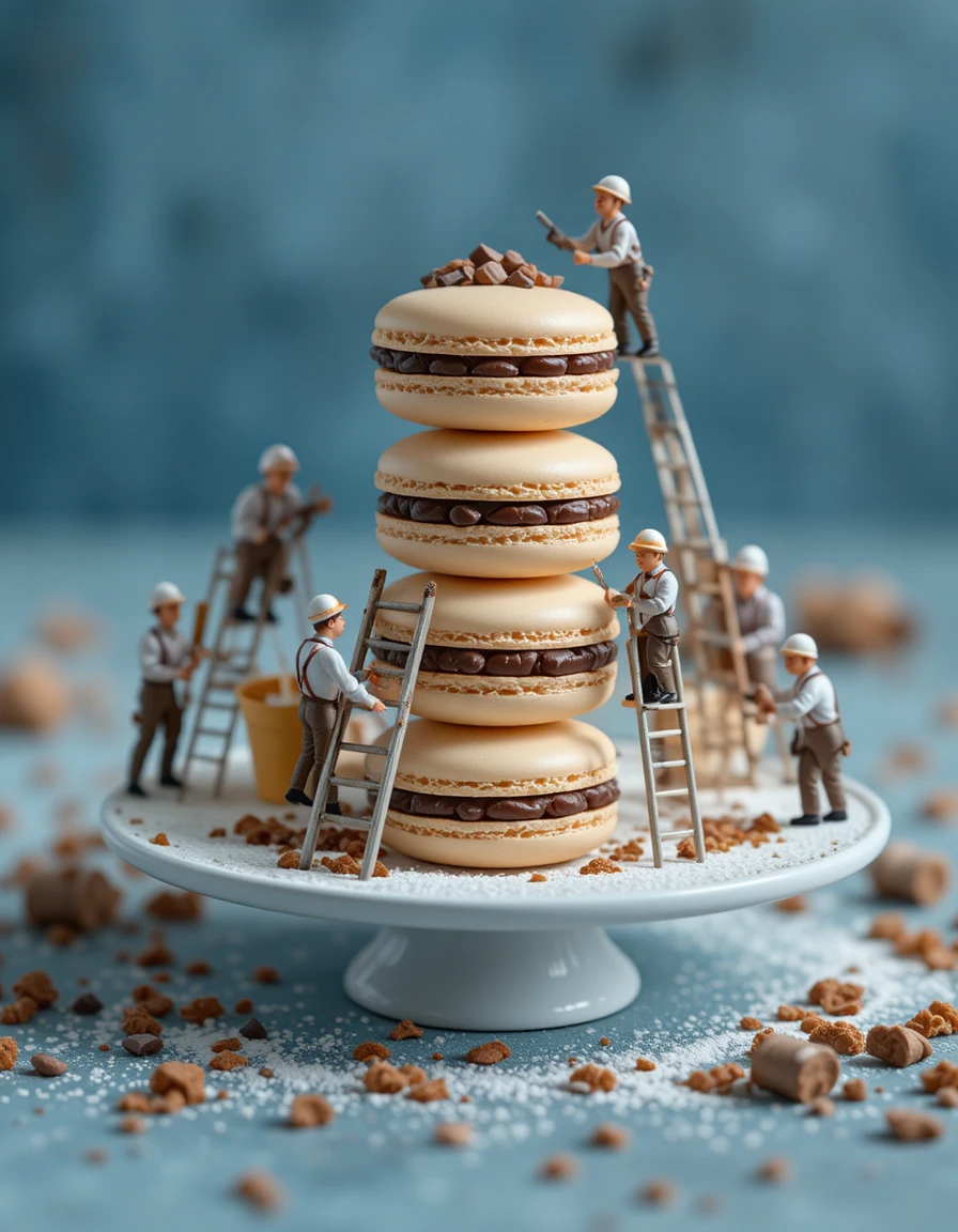 Miniature workers decorating macarons in a dreamy blue scene