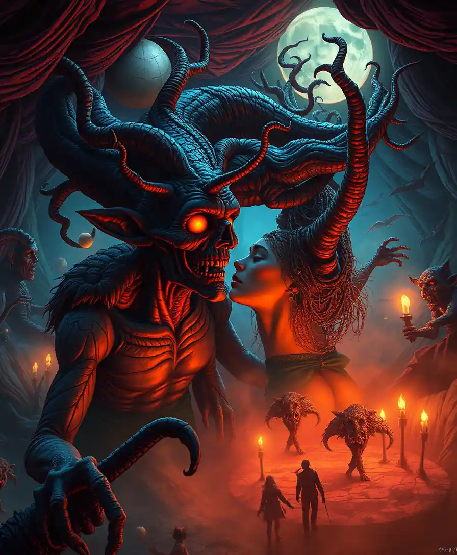 Surreal fantasy characters in a dark cinematic dreamscape