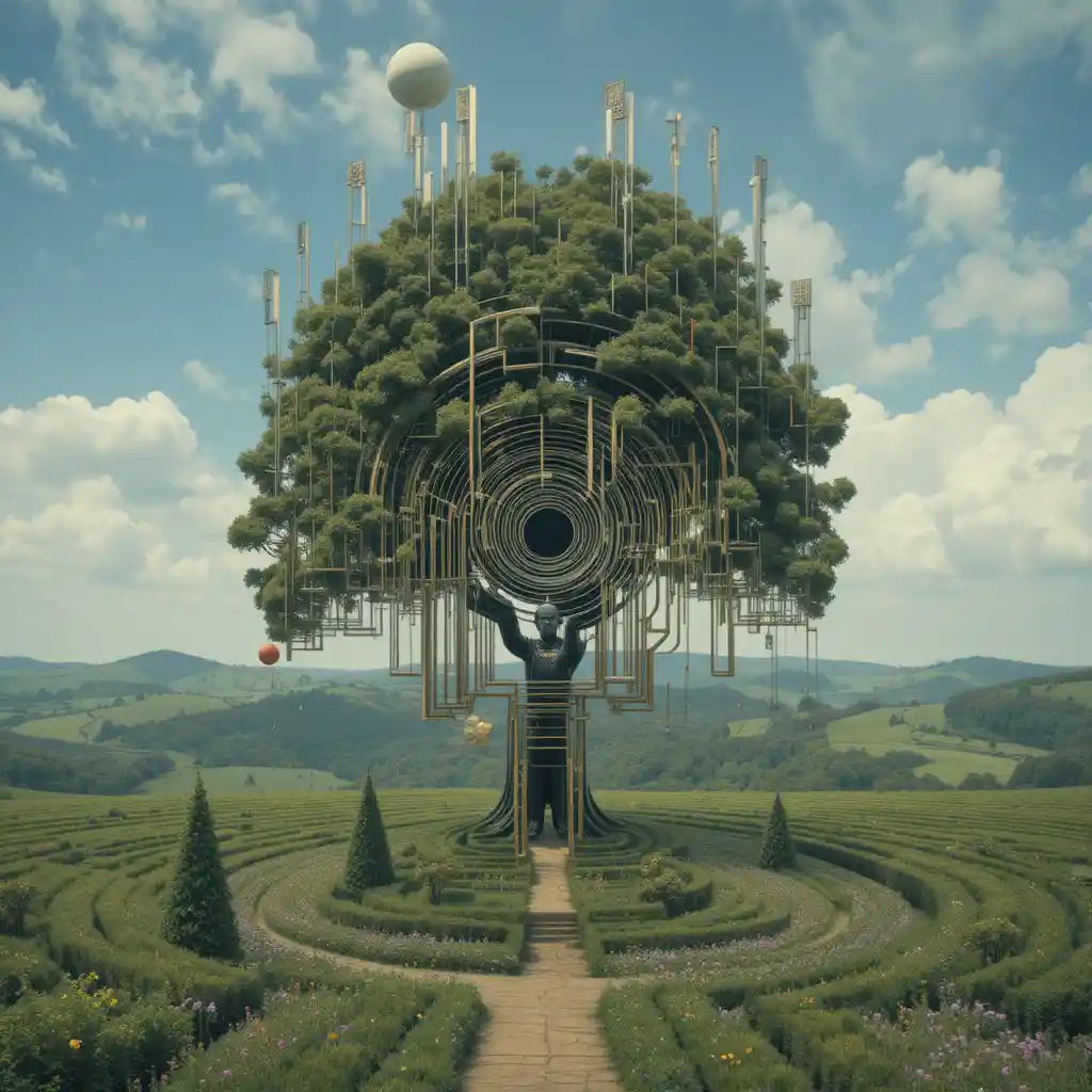 Surreal maze winding through a reflective living tree