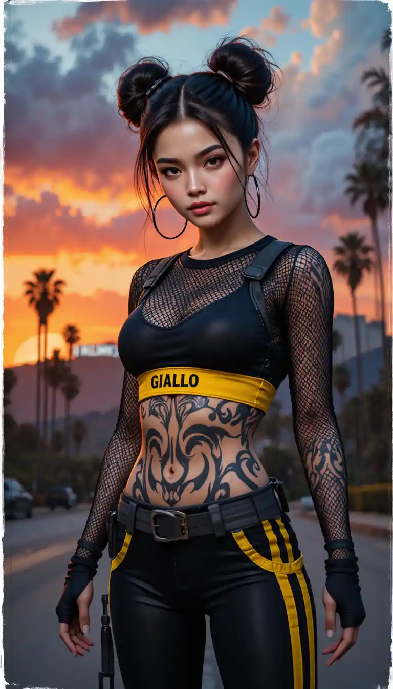 Donna tatuata sicura di sé in outfit sportivo al tramonto