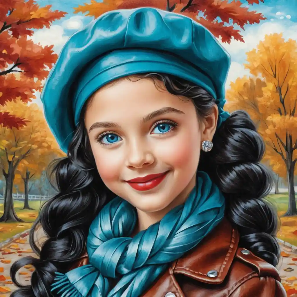 Menina sorridente com boina verde-azulada em um retrato no parque de outono