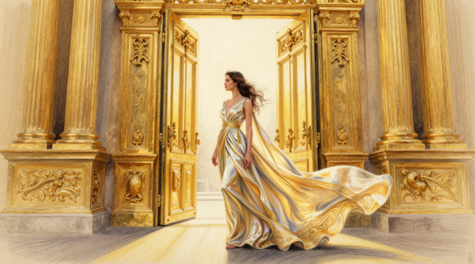 Woman In Flowing Silk Gown At Radiant Golden Gate