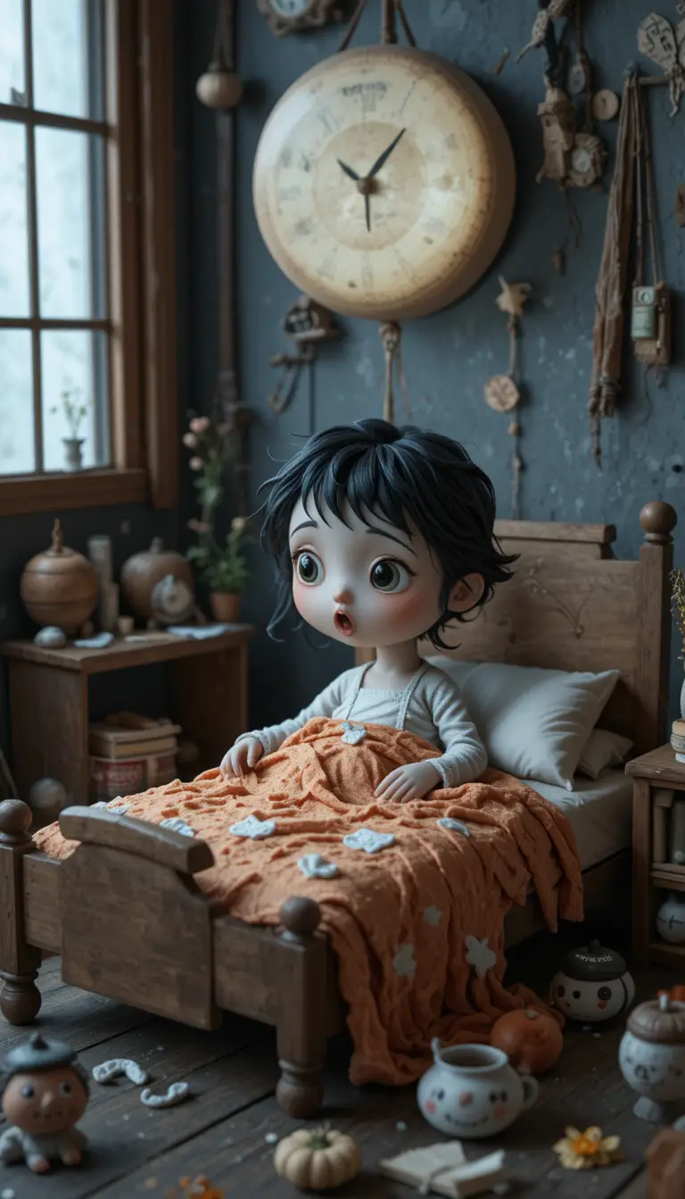 Childlike illustration of a lonely bed in the dark
