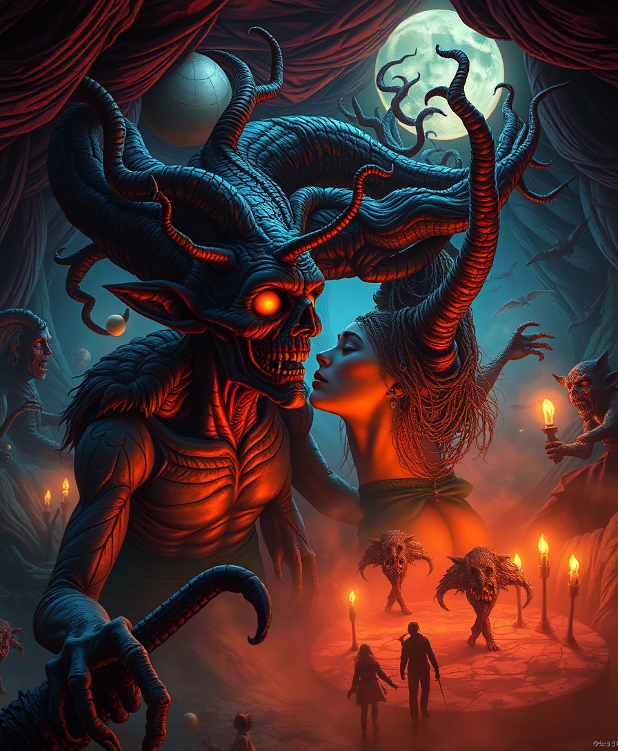 Surreal fantasy characters in a dark cinematic dreamscape