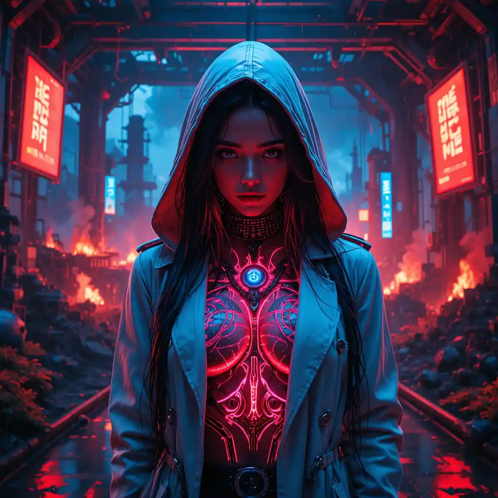 Cyberpunk outlaw empress in a burning industrial fortress