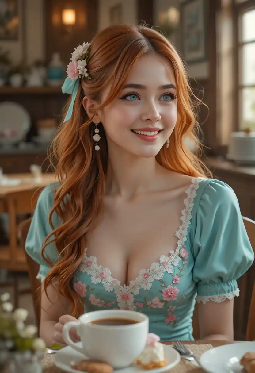 Smiling blue eyed girl in vintage turquoise dress indoors