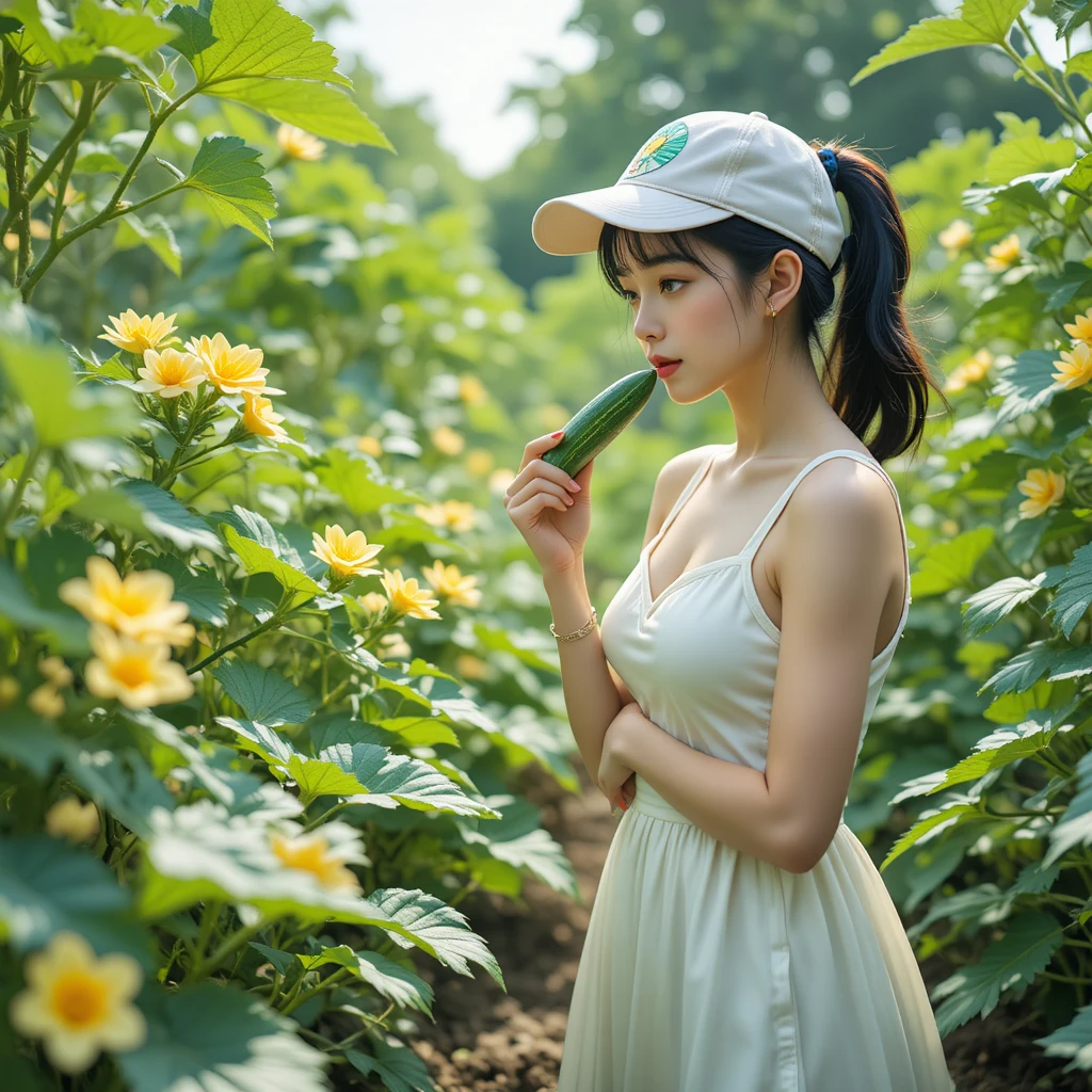 Joven con vestido blanco oliendo un pepino en el jardín