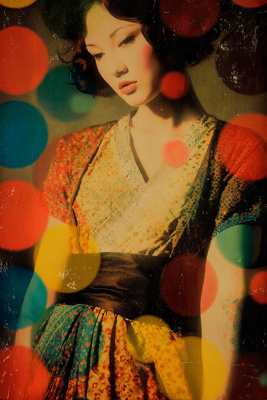 Surreal abstract print with bokeh disco dot background