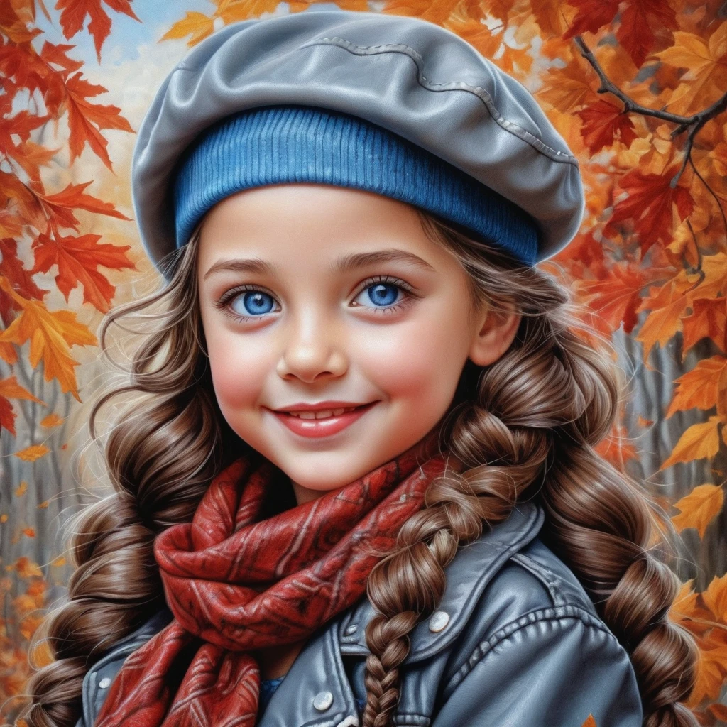 Smiling autumn girl with long curly hair in beret