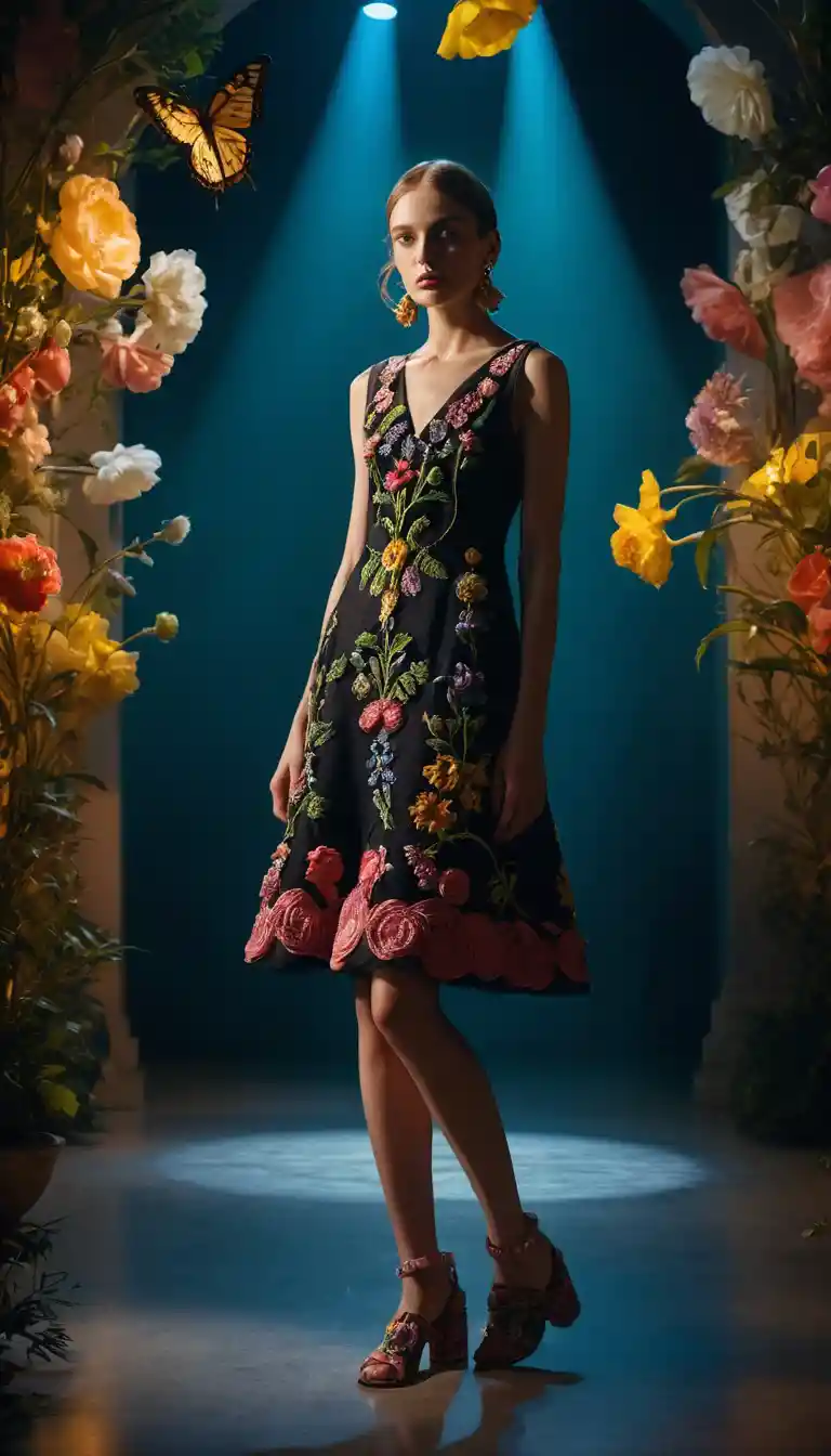 Woman in floral spring dress standing in a night flower ring
