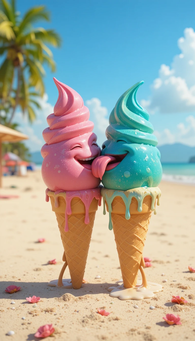 Playful Anthropomorphic Ice Cream Cones On A Sunny Beach