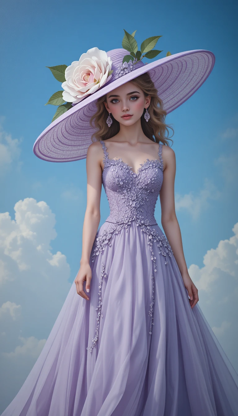 Elegant woman in lilac hat and flowing purple gown